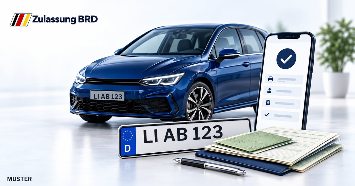 Online Fahrzeugzulassung in Lindau: Musterkennzeichen LI AB 123, Auto und Fahrzeugpapiere und Smartphone. Illustration mit Logo von Zulassung BRD.